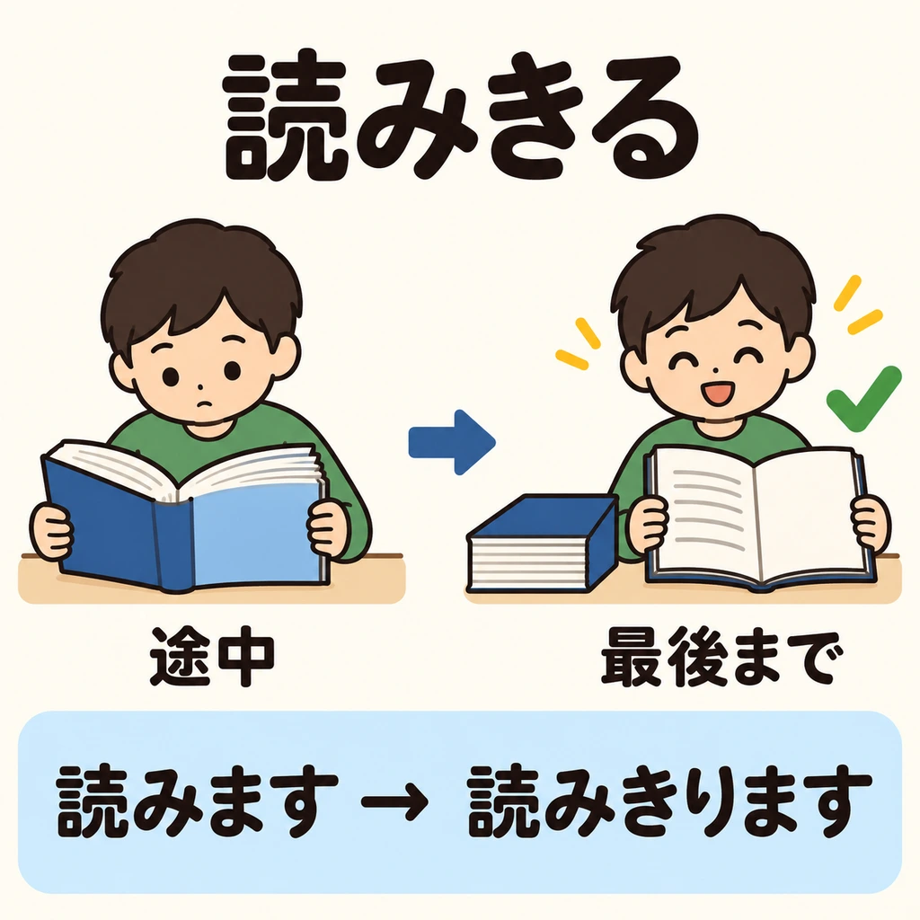Membaca buku referensi sampai halaman terakhir: 「読みきる」 menekankan bahwa seluruh tindakan selesai.