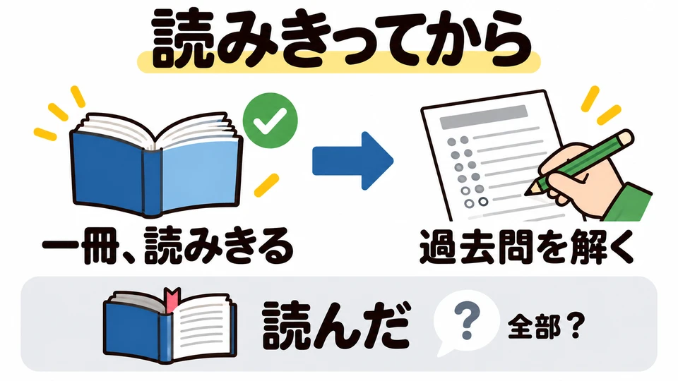 Dalam contoh, ia membaca seluruh buku sampai selesai sebelum mengerjakan soal ujian tahun-tahun sebelumnya. 「読んだ」 belum tentu berarti seluruh buku sudah dibaca.