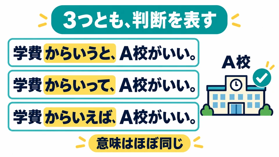 「からいうと/からいって/からいえば」 have essentially the same meaning and can all introduce a judgment.