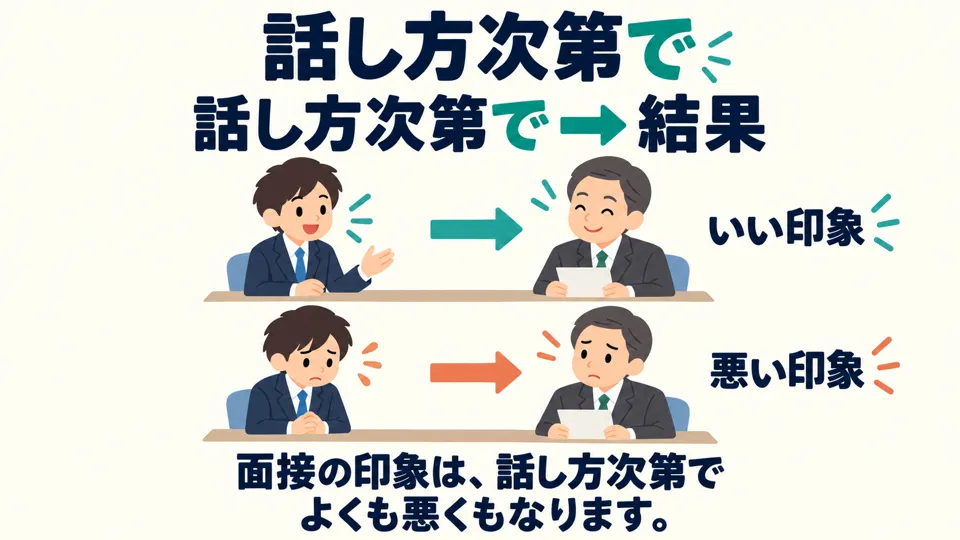 「話し方次第で」 diikuti hasil. Kesan bisa baik atau buruk, tergantung cara berbicara.