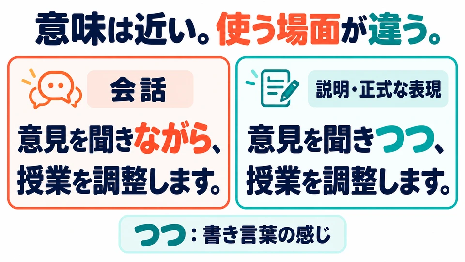 Maknanya mirip dengan 「ながら」 yang sudah dipelajari, tetapi lebih bercorak bahasa tulis. Sering dipakai dalam penjelasan atau ungkapan formal.