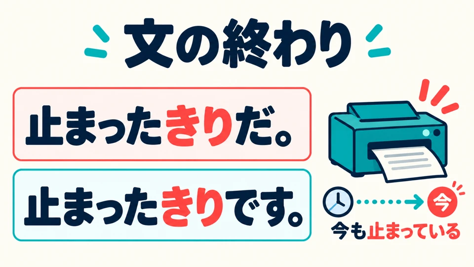 ท้ายประโยคใช้ 「止まったきりだ／です」 ได้ เพื่อบอกว่ายังคงอยู่ในสภาพหยุดมาตั้งแต่ตอนนั้น