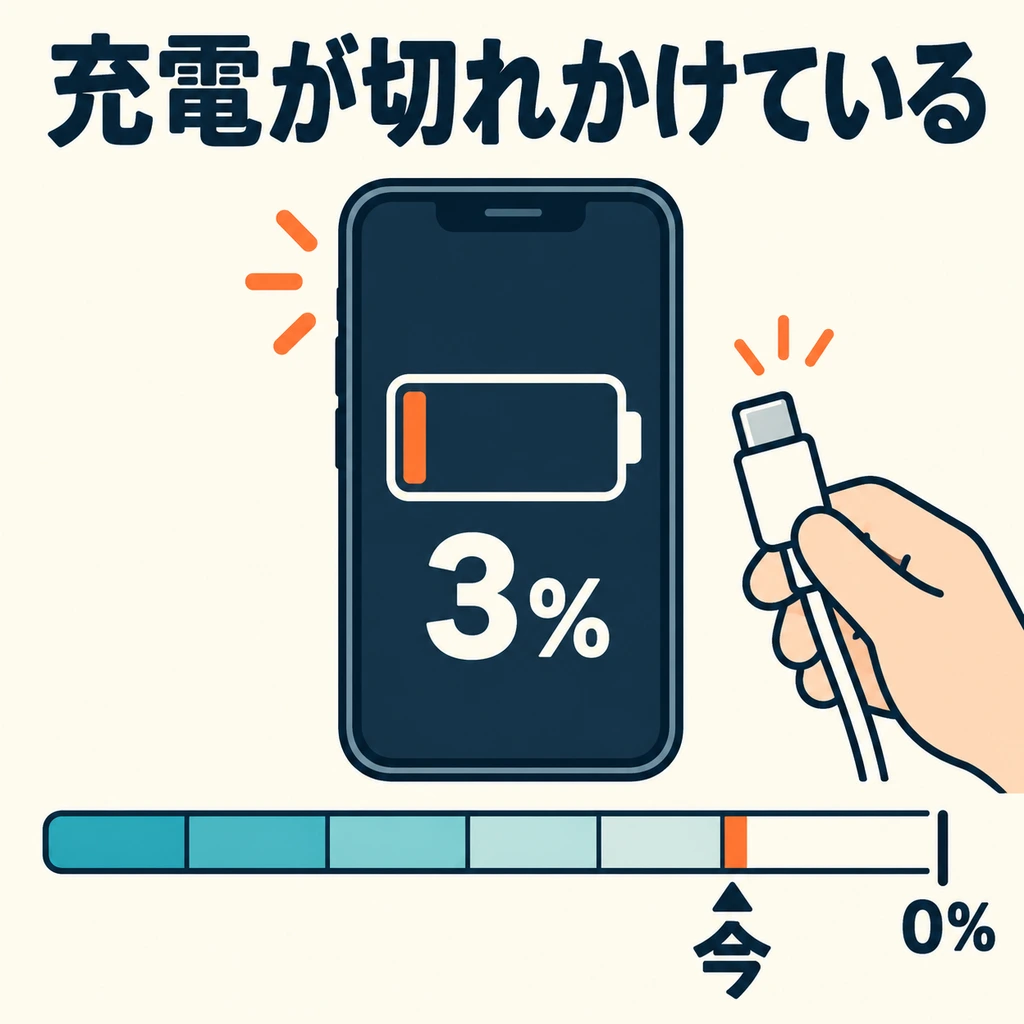 Baterainya masih tersisa 3% dan belum habis. 「切れかけている」 berarti daya baterai hampir habis.