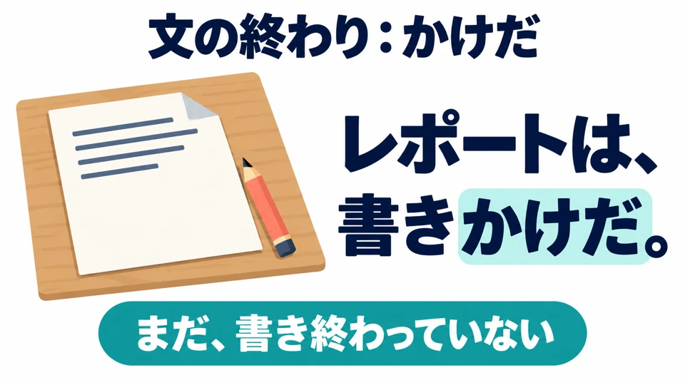 Gunakan 「かけだ」 di akhir kalimat untuk menjelaskan keadaan yang belum selesai. Misalnya, 「書きかけだ」 berarti belum selesai ditulis.