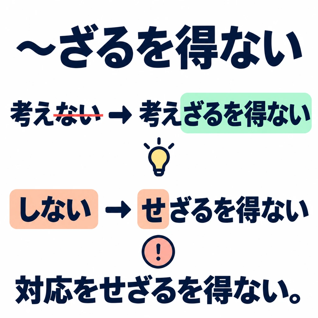 Entferne ない aus der ない-Form des Verbs und füge ざるを得ない an. Das bedeutet, dass es keine andere Wahl gibt.