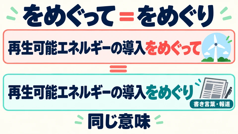 「をめぐり」与「をめぐって」意思相同，前者多用于书面报道。