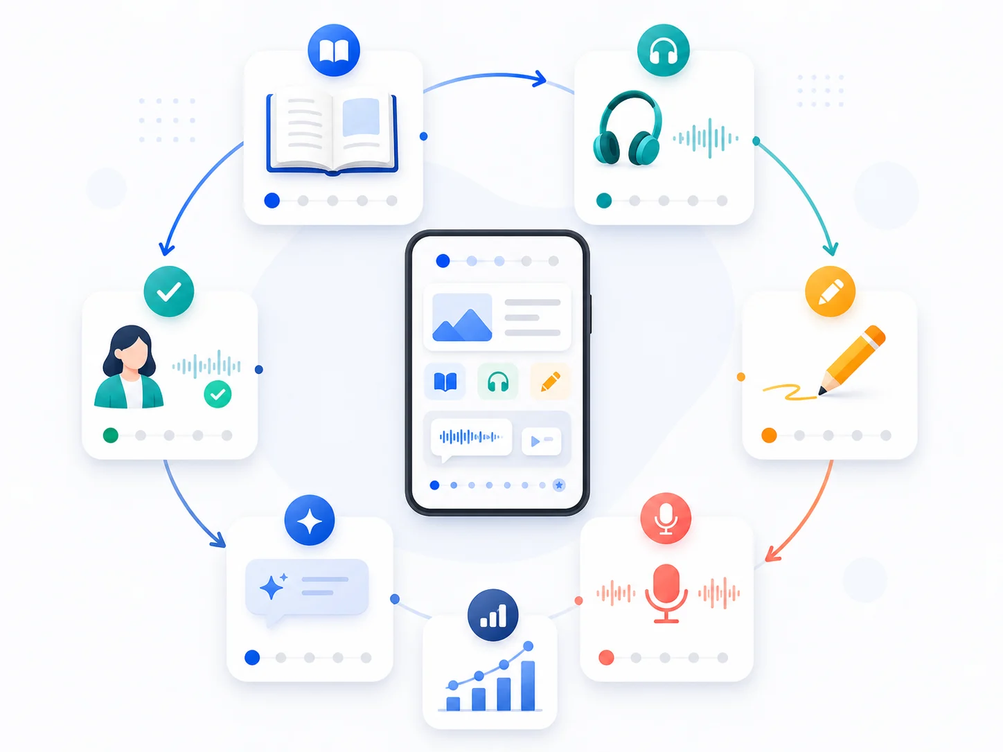 Learning loop connecting reading, listening, writing, speaking, feedback, and review
