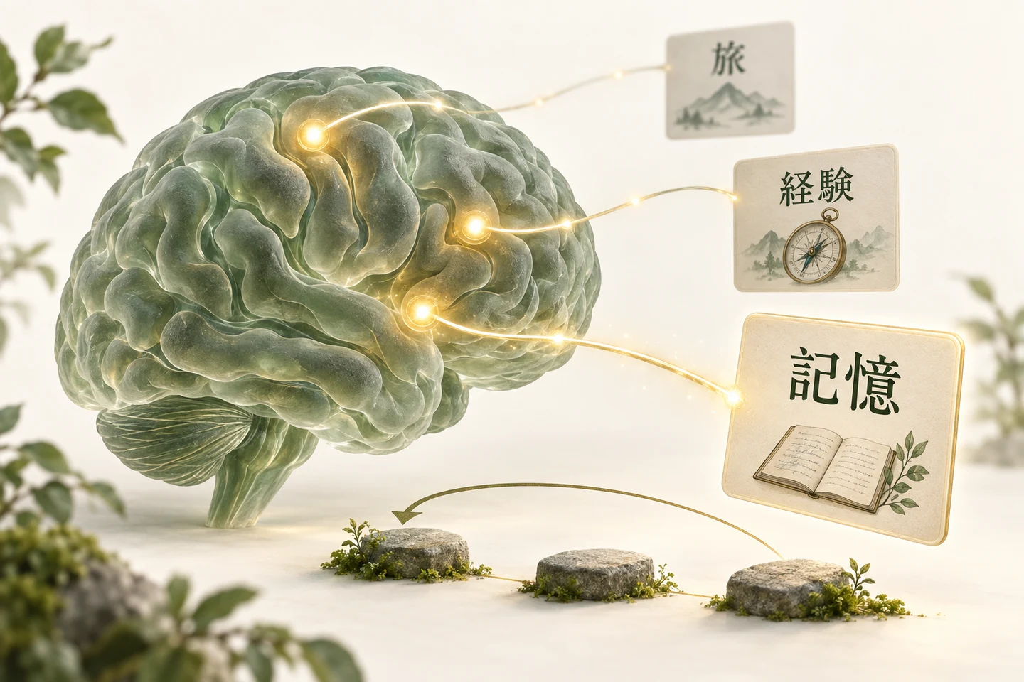 A translucent brain connects to Japanese study cards along memory pathways, illustrating how knowledge is retrieved and linked.