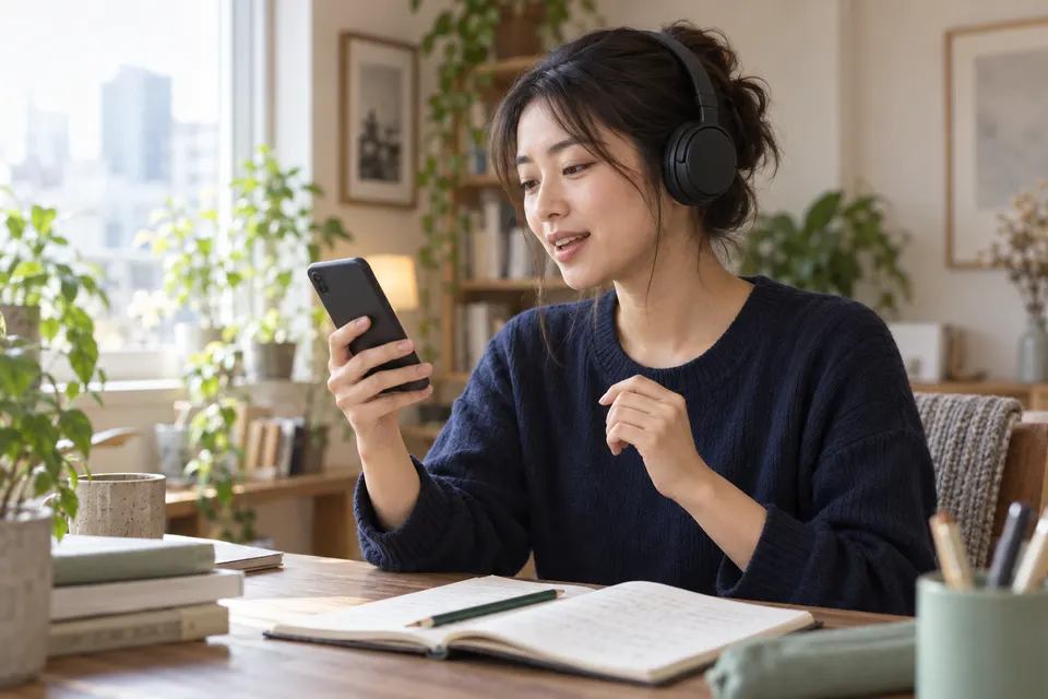 A learner reading a short Japanese passage about everyday life in Japan