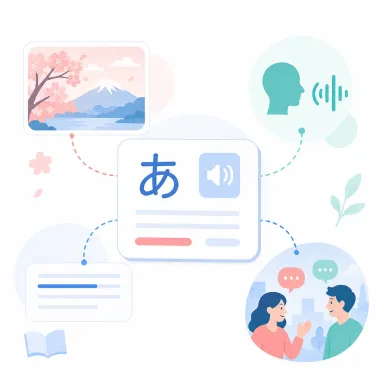 Illustration connecting a vocabulary card to audio, image, example sentence, and context