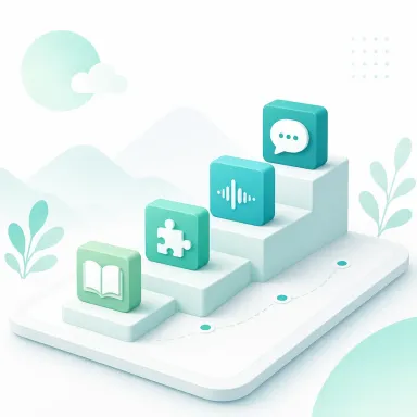 Cognitive load illustration showing vocabulary, grammar, audio, and conversation built step by step
