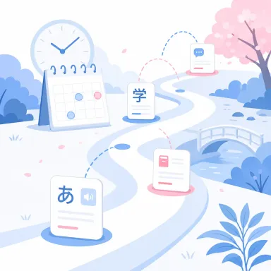 Spacing illustration showing a learner returning to Japanese cards over time